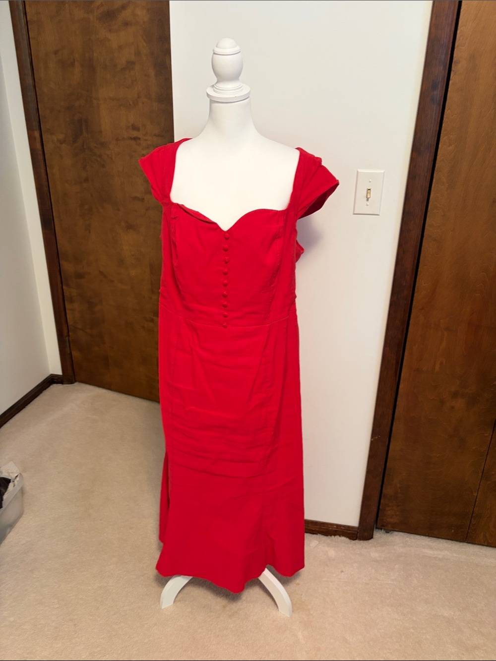 Anthropologie Red Cap-Sleeve Maxi Dress with Button Front